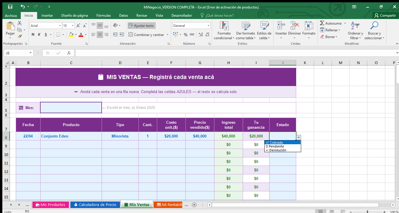 Registro de ventas
